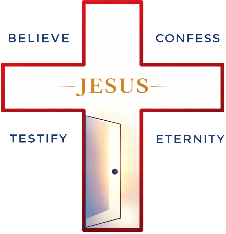 Cross illustration with Believe, Confess, Testify, and Eternity around Jesus